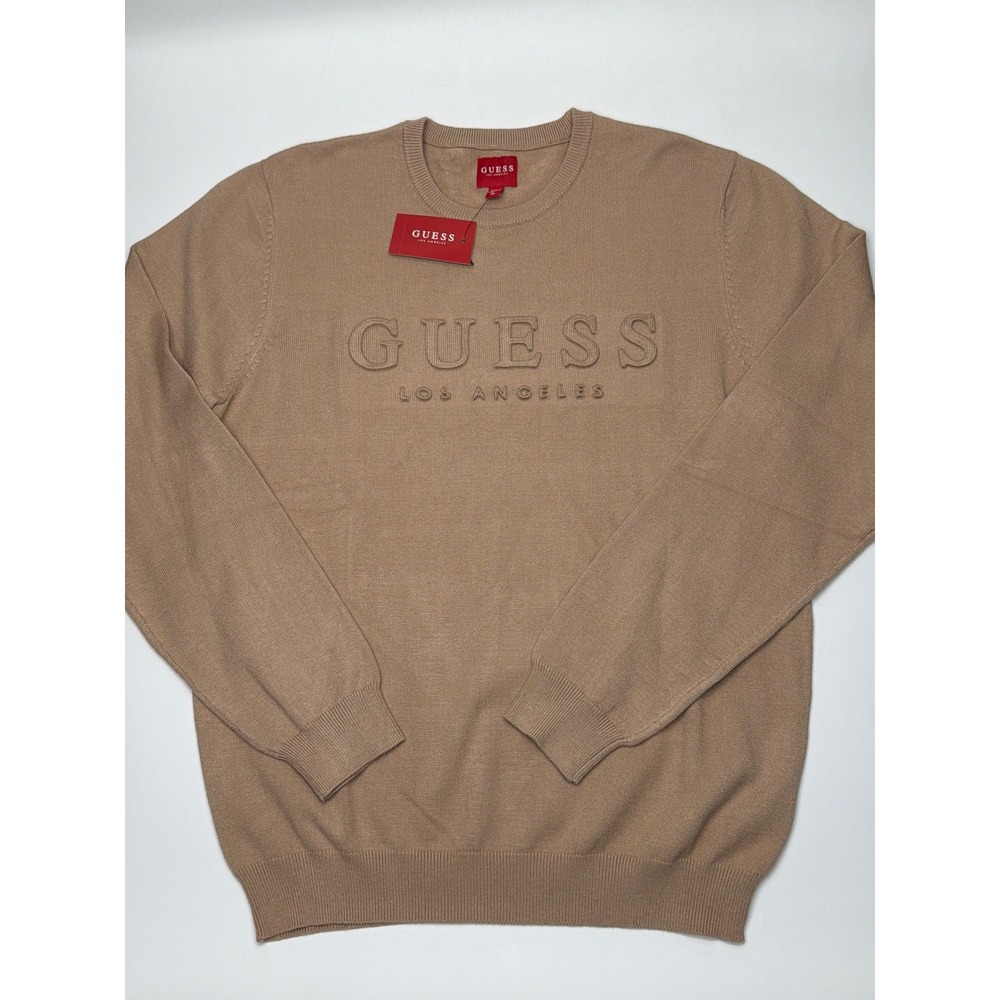 NWT GUESS Mens Tan Long Sleeve Crew Neck‎ Embroidered Logo Sweater Size XL